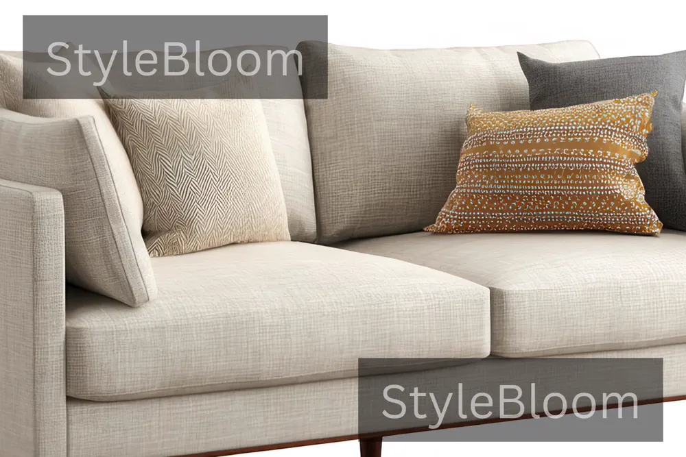 A light sofa with separate seat cushions and accent pillows in neutral and patterned fabrics