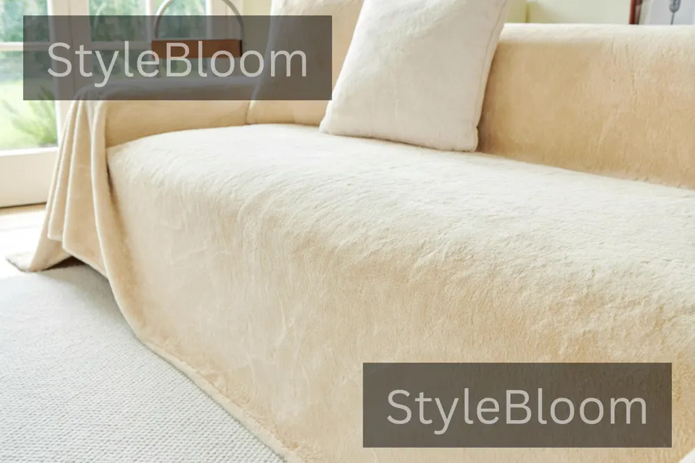 A sofa in a neutral beige slipcover with cushions neatly in place in a bright room