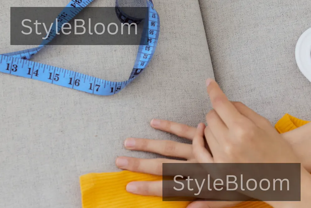 Hands with a blue tape measure on a grey sofa seat
