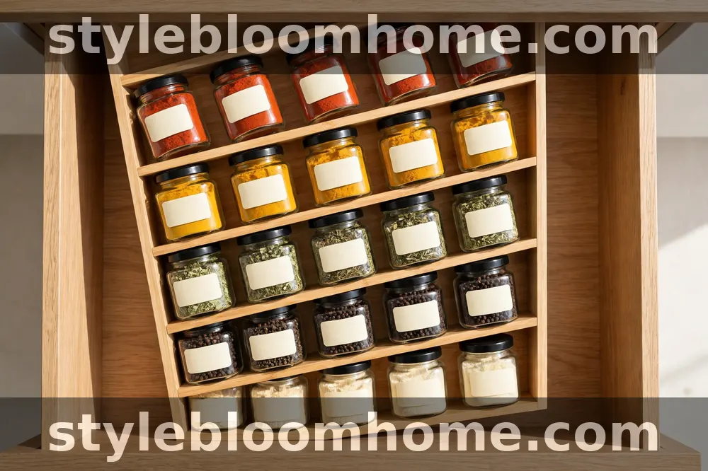 Illustration of a tiered bamboo spice drawer insert holding glass jars with blank labels in an open wooden kitchen drawer