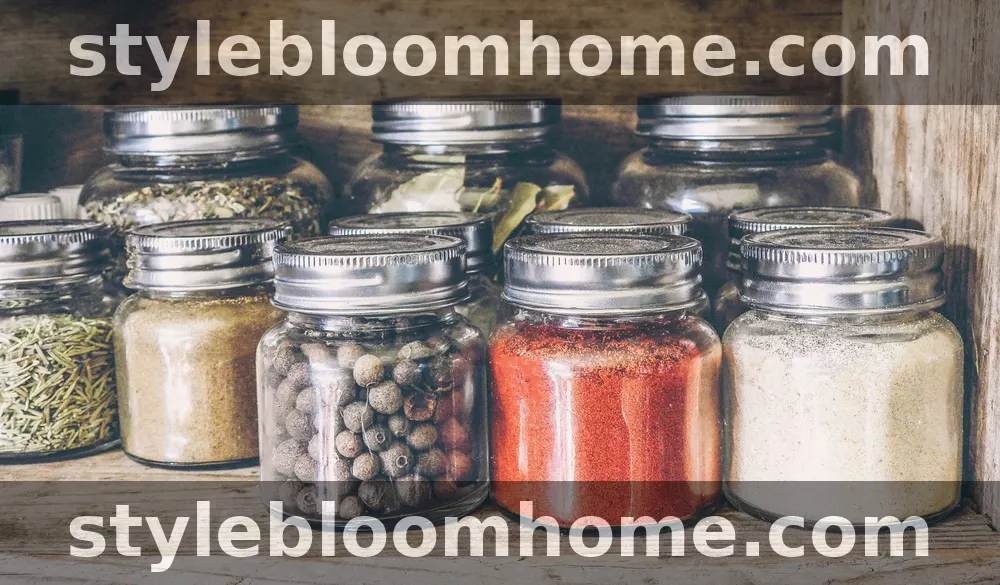 Glass jars with metal lids on a wooden shelf, filled with rosemary, ground spice, allspice berries, red paprika, and a pale powder