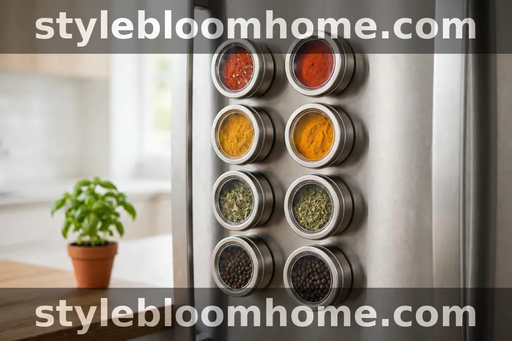 Illustration of eight round magnetic spice tins with clear lids stuck in two columns on the side of a stainless steel refrigerator, with a basil plant nearby