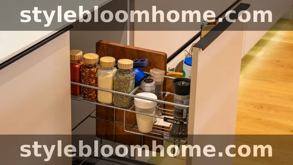 A wire pull-out cabinet rack slid out of a modern kitchen cabinet, holding glass spice jars with wooden lids
