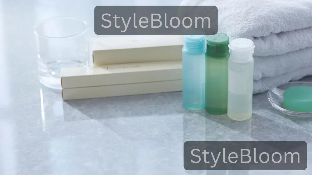 Small toiletry bottles on a bathroom counter