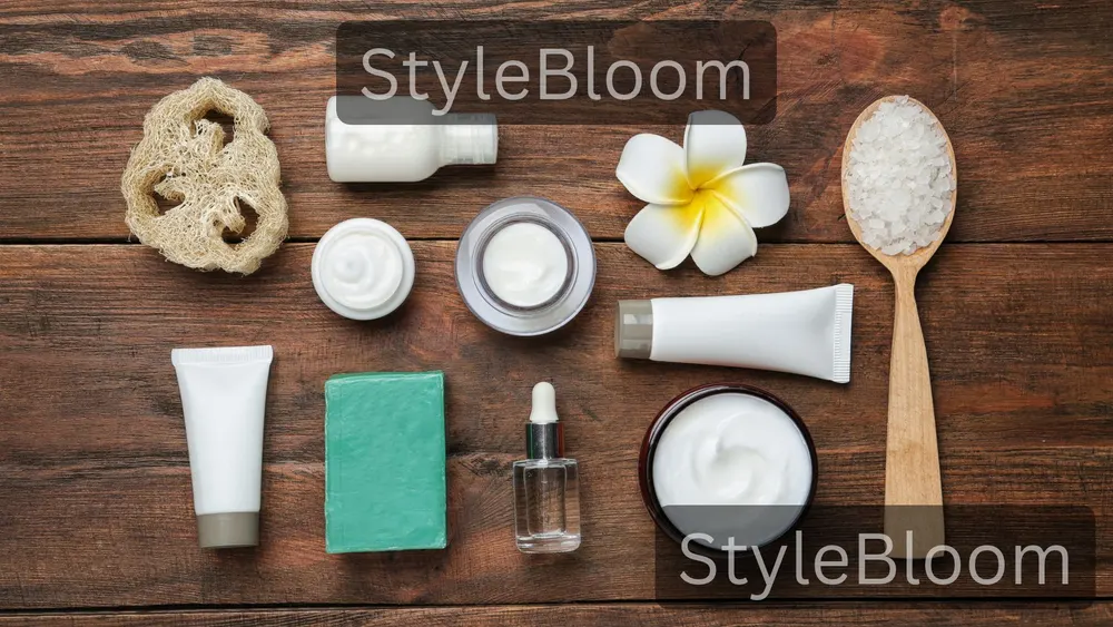 Body-care items in a flat-lay on a wooden surface