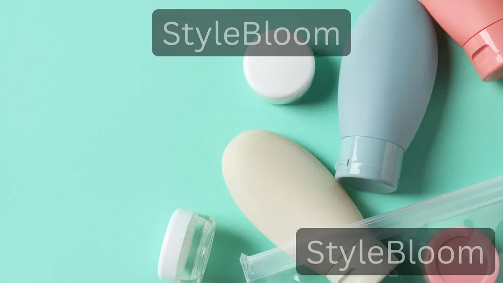 Small body-care bottles beside a wash bag