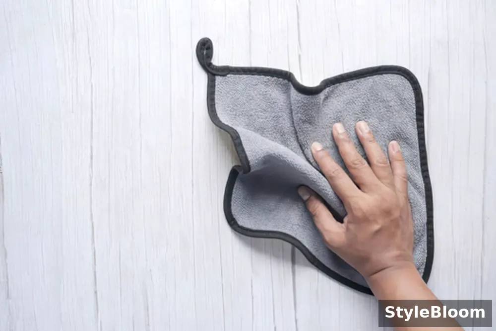 A hand wiping a painted wall with a folded microfiber cloth