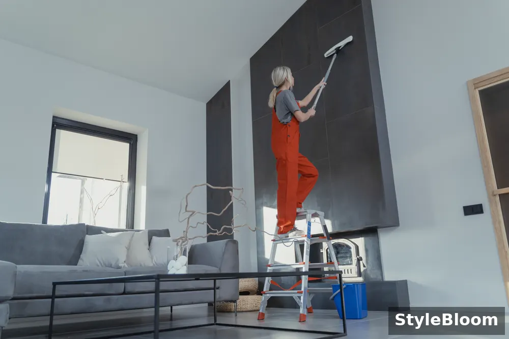 A flat mop with a microfiber pad cleaning a high wall section